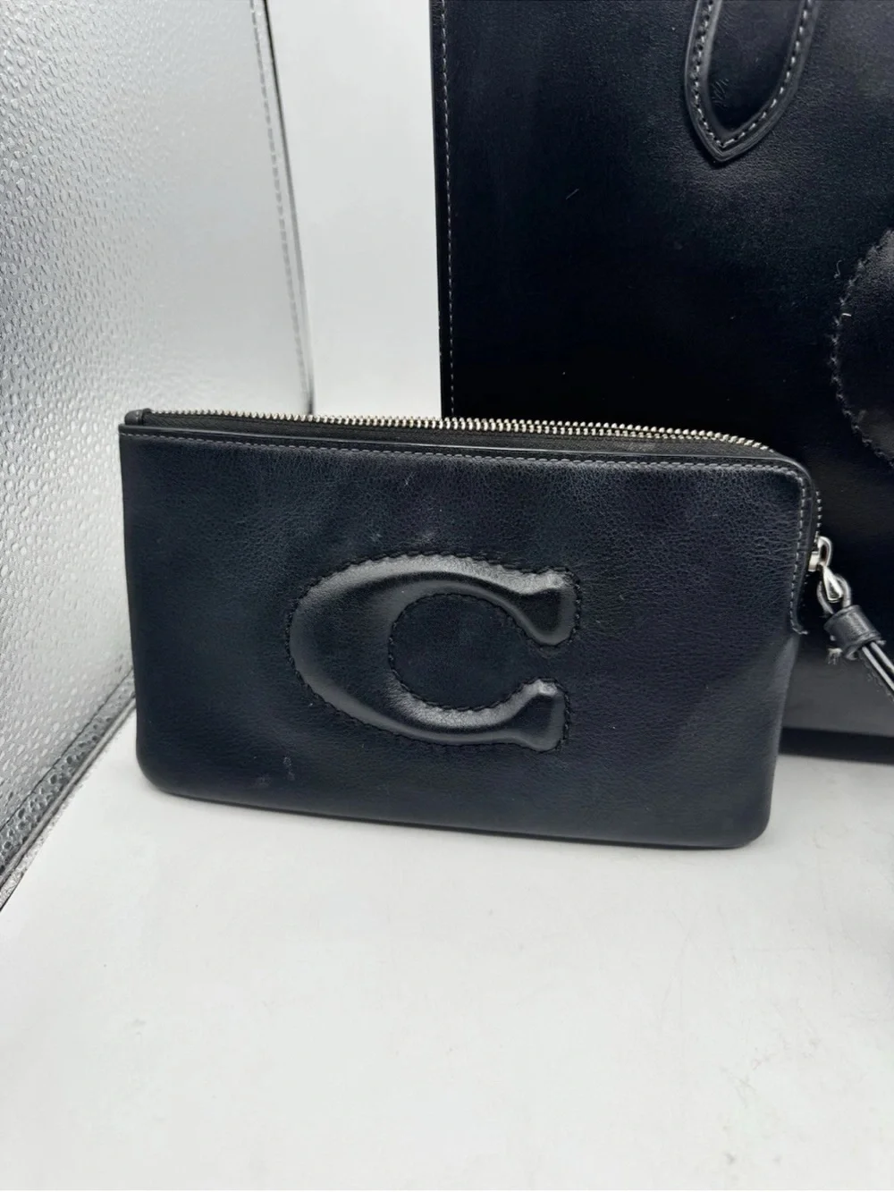 COACH Nina Leather Tote Bag Black With Wristlet Wallet CR096